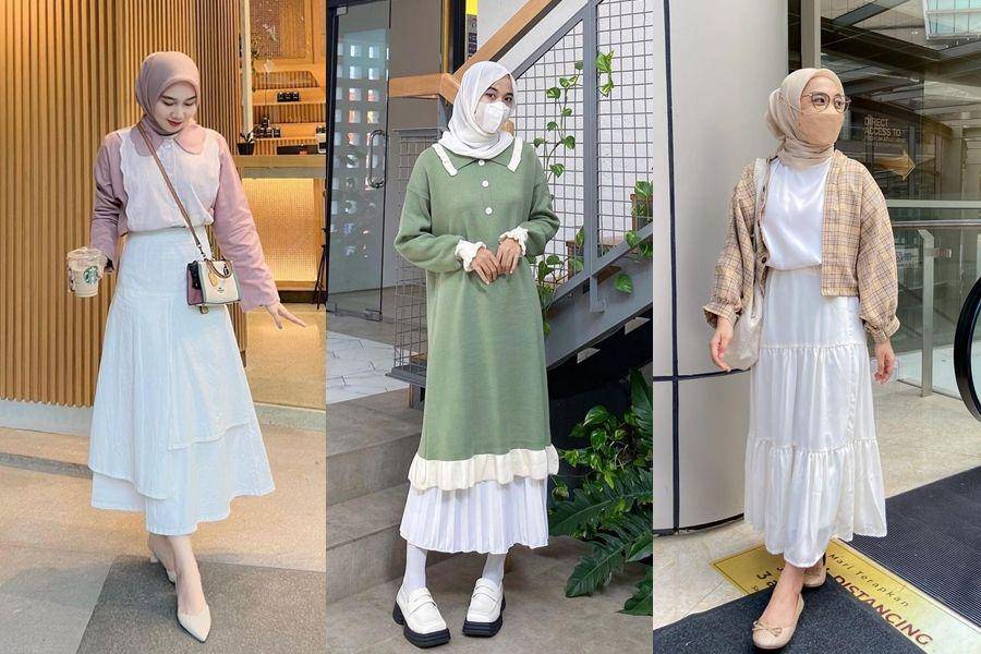 padu padan hijab dengan rok warna putih (instagram.com/azizahlimi | instagram.com/iirnaaaaaaa | instagram.com/darmaputrii)