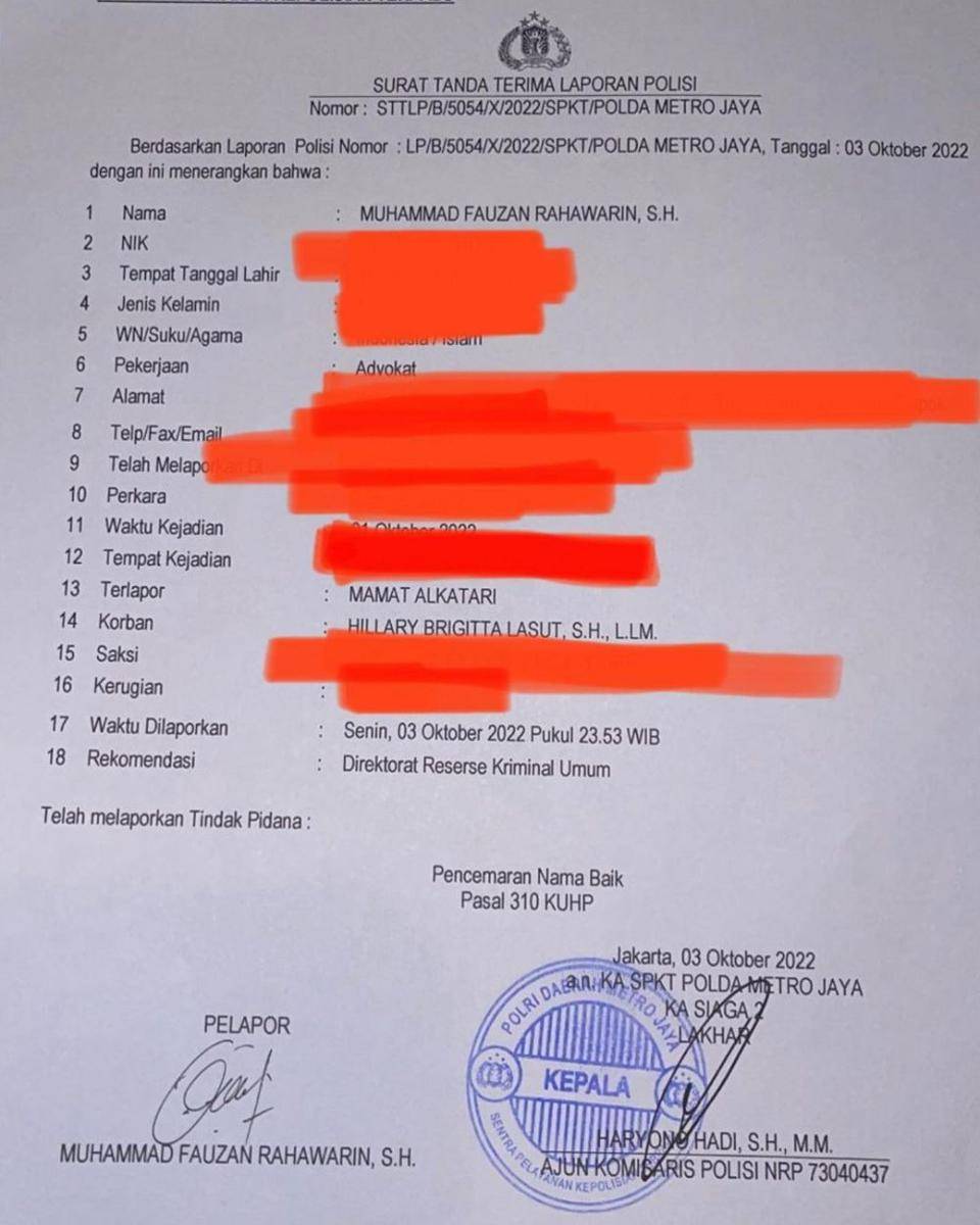 surat laporan Hillary Brigitta untuk Mamat Alkatiri (instagram.com/hillarybrigitta)