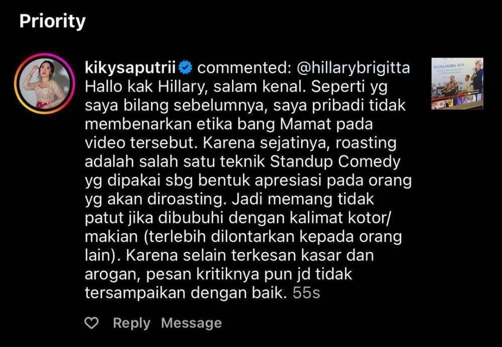 komentar Kiky Saputri terhadap kasus roasting Mamat Alkatiri (instagram.com/hillarylasut)