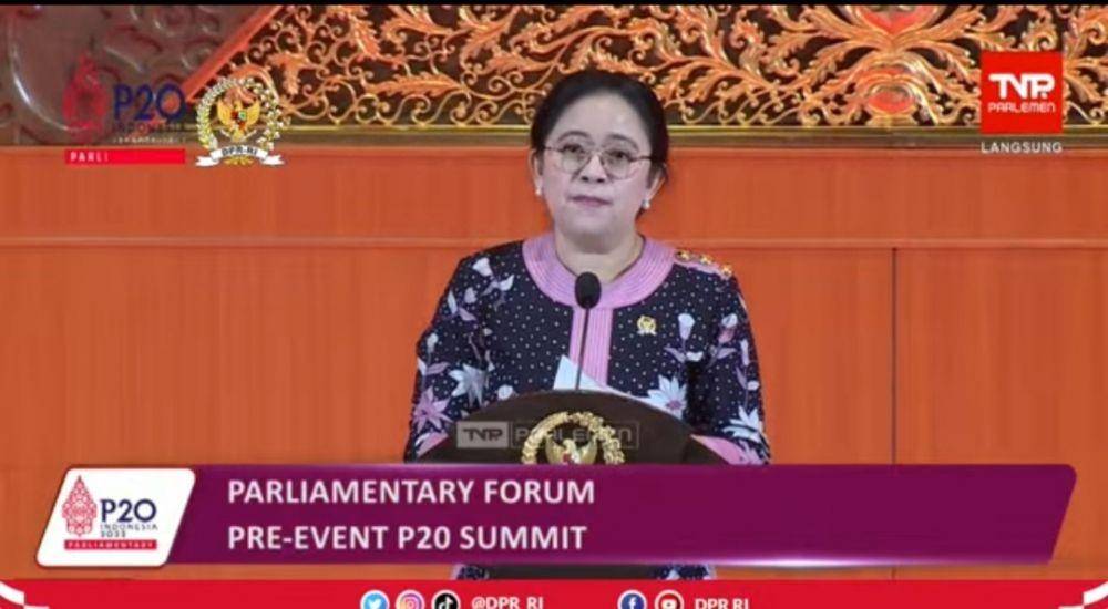 Ketua DPR RI Puan Maharani dalam pertemuan kegiatan 8th G20 Parliamentary Speakers’ Summit (P20) di Nusantara II, Gedung DPR RI, Rabu (5/10/2022). (YouTube DPR RI).