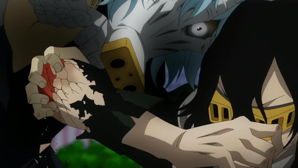 Tomura menggunakan Decay kepada Eraser Head. (dok. Bones/My Hero Academia)