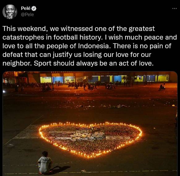 Cuitan Pele soal tragedi Kanjuruhan (Twitter.com/@Pele)