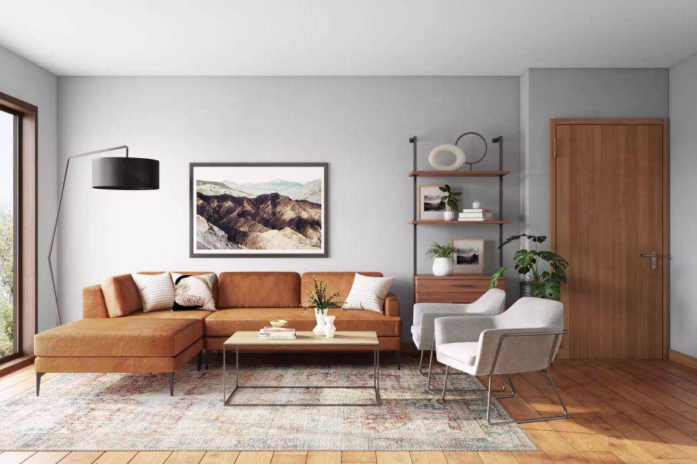 inspirasi ruang tamu dengan desain mid-century modern (havenly.com)