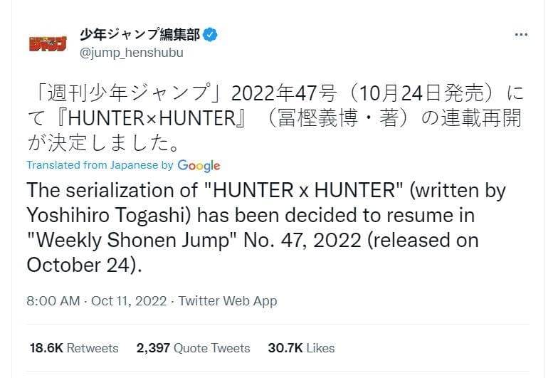 Pengumuman dari Twitter Jump soal Hunter x Hunter.  (twitter.com/jump_henshubu)