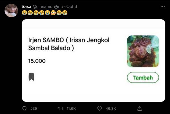 Menu bernama Irjen Sambo di aplikasi ojek online (Twitter.com/@cinnamongirlc)