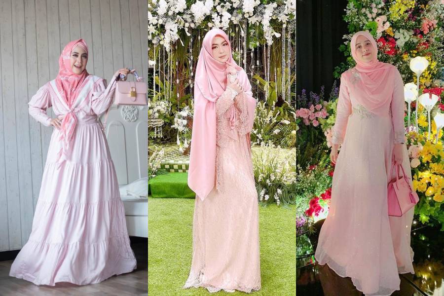 inspirasi kondangan syar'i warna pink (instagram.com/apriljasmine85 | instagram.com/dr.shindyputri_ | instagram.com/fairuzarafiq)