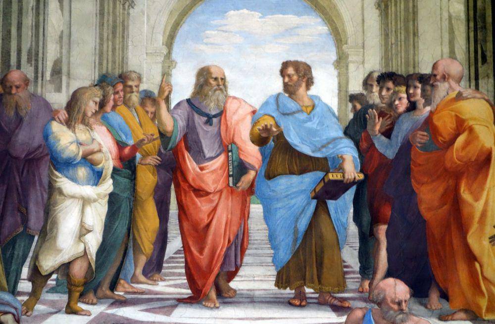 ilustrasi lukisan tentang perbincangan Aristoteles dan Plato (flickr.com/Steven Zucker, Smarthistory co-founder)