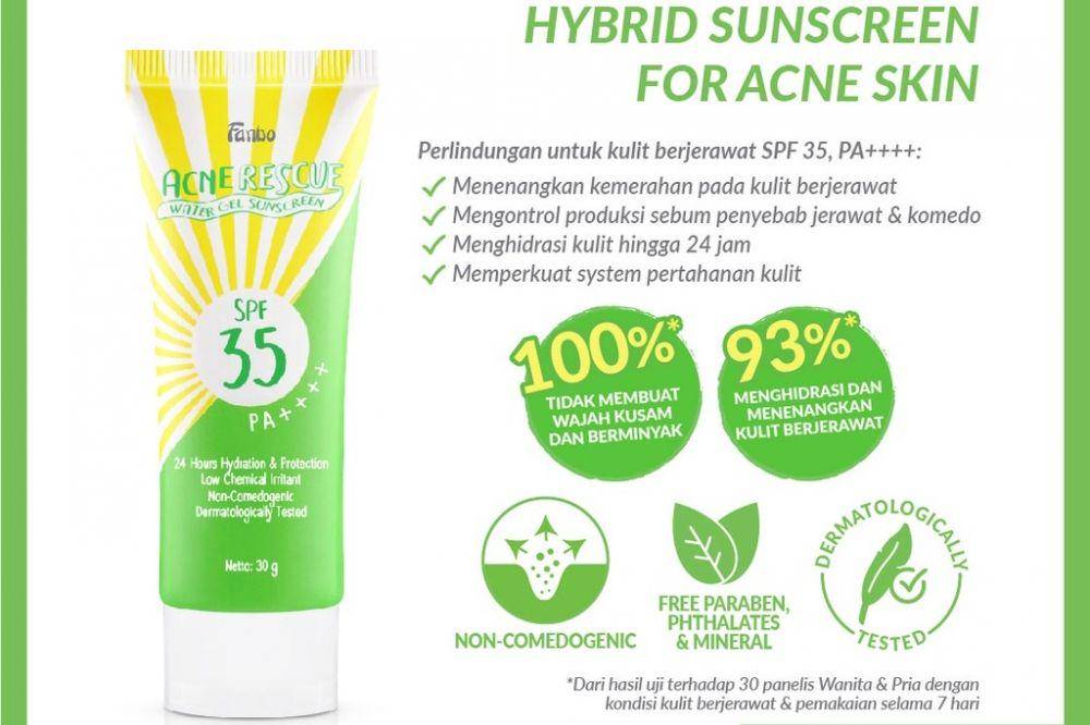 FANBO Sunscreen Acne Rescue Water Gel Sunscreen SPF 30 PA++++ (shopee.co.id/fanbocosmetics)