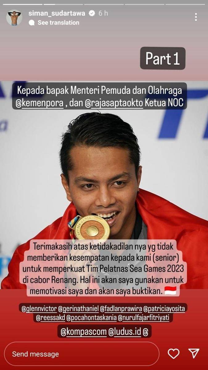 Para perenang senior angkat bicara soal SK pelatnas renang untuk SEA Games 2023 (instagram.com/siman_sudartawa)