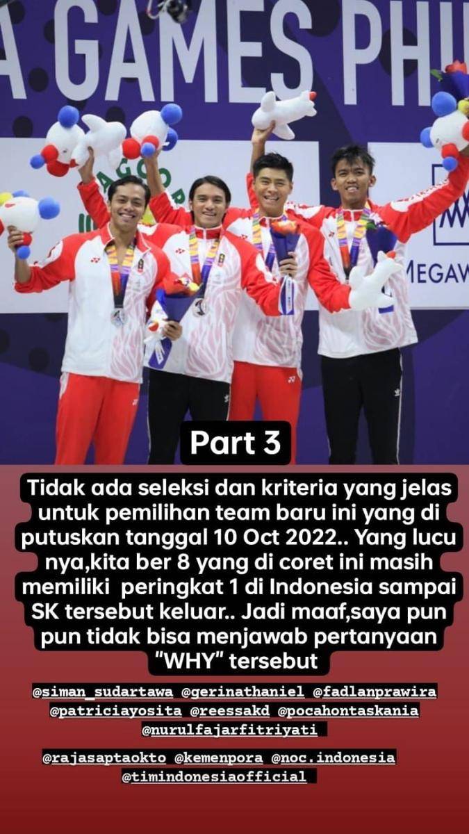 Para perenang senior angkat bicara soal SK pelatnas renang untuk SEA Games 2023 (instagram.com/glennvictor)