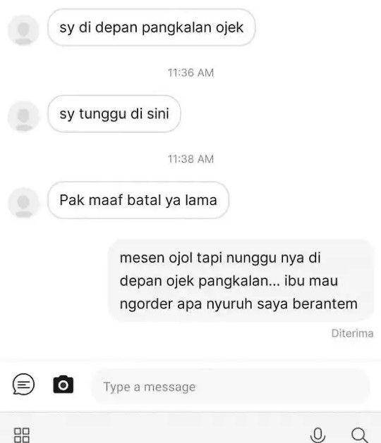 chat driver ojek online kehabisan kesabaran (instagram.com/soobatreceh)