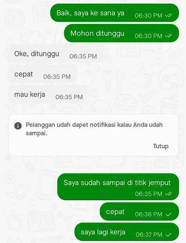 chat driver ojek online kehabisan kesabaran (twitter.com/txtdriojol)