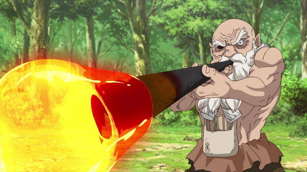 Kaseki membantu pembuatan peralatan kaca. (dok. TMS Entertainment/Dr. Stone)