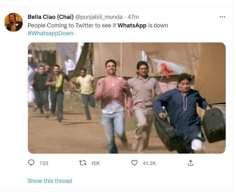Salah satu reaksi warganet ketika WhatsApp down. (twitter.com/punjabiii_munda)