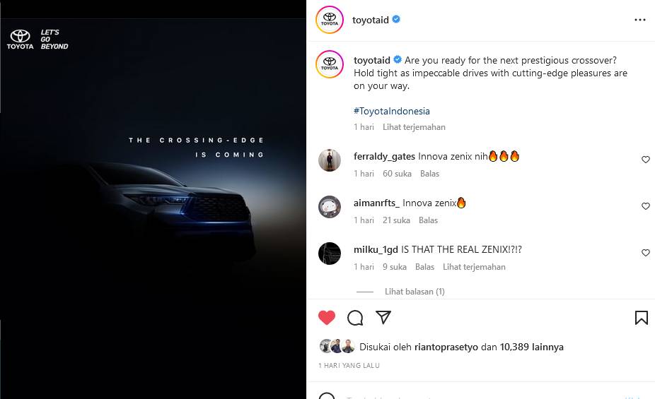 Unggahan Innova Zenix di akun Instagram Toyota (Instagram.com/@toyotaid)