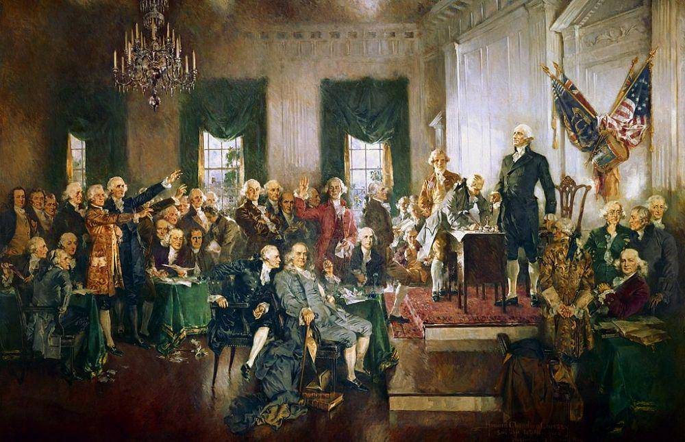 ilustrasi suasana ssaat Penandatanganan Konstitusi Amerika Serikat (commons.wikimedia.org/Howard Chandler Christy)