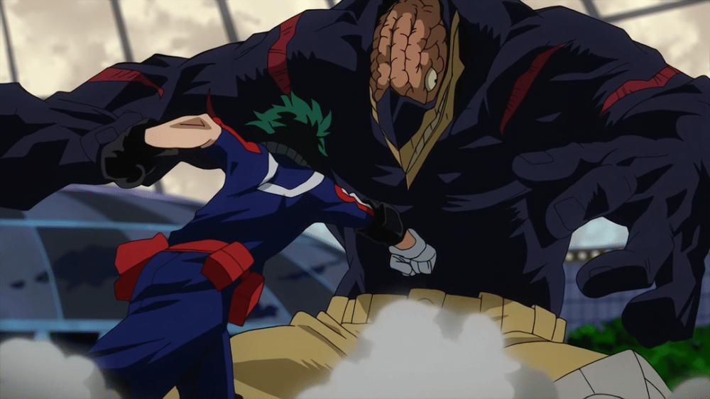 Nomu menahan serangan Deku dengan Shock Absorption. (dok. Bones/My Hero Academia)