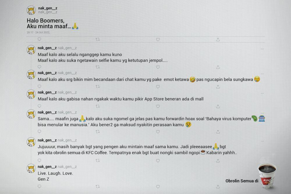 Permintaan maaf dari Gen Z kepada Boomers (Dok. KFC Coffee)