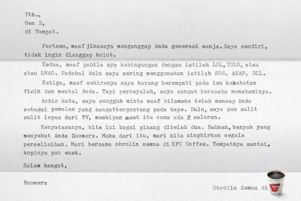 Surat permintaan maaf dari para Boomers (Dok. KFC Coffee)