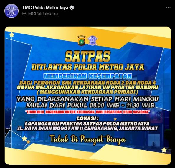 Unggahan akun Twitter TMC Polda Metro Jaya yang menyatakan uji pratik SIM boleh menggunakan kendaraan pribadi/Twitter TMC Polda Metro Jaya