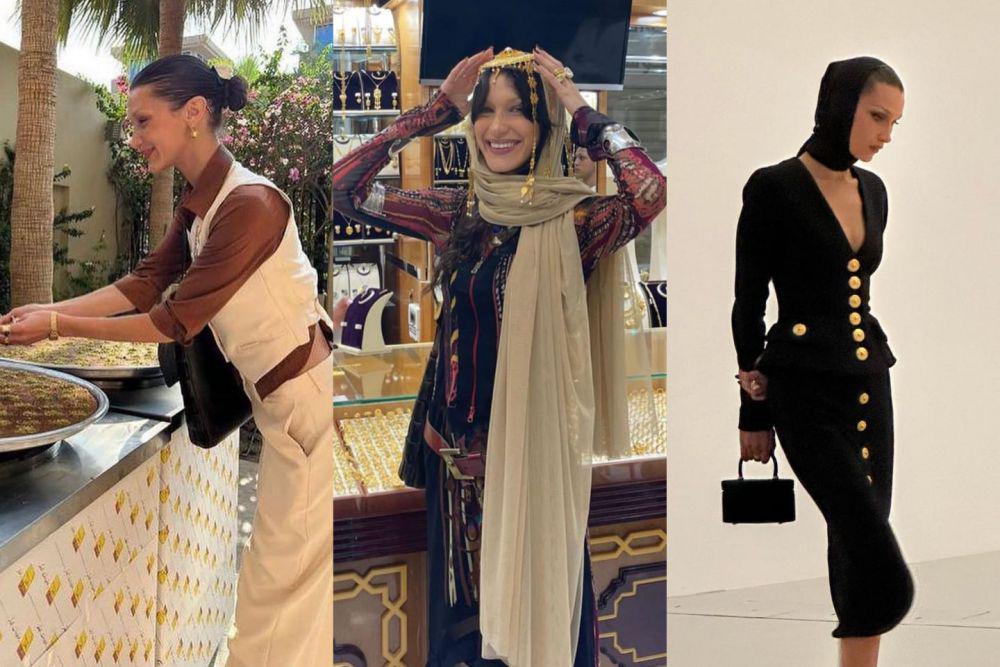 12 Potret Bella Hadid di Qatar, Gaya Kerudung Vintage Curi Perhatian