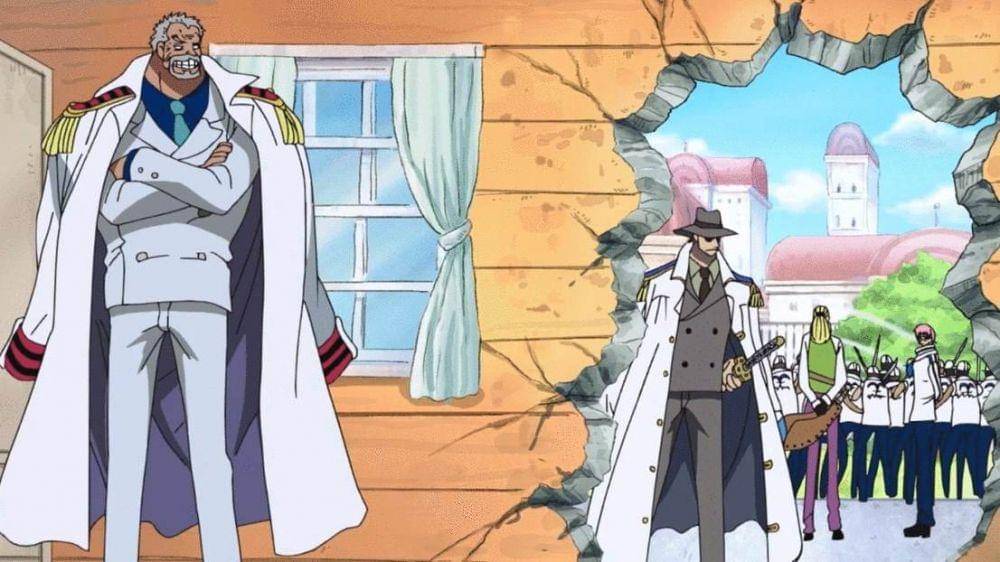 Garp di Water 7. Bogard terlihat di belakang. (Dok. Toei Animation/One Piece)