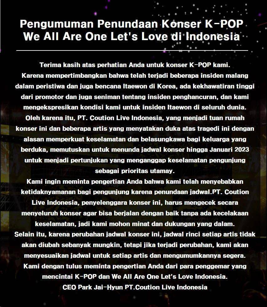 pengumuman penundaan konser We All Are One (instagram.com/weallareone_official)