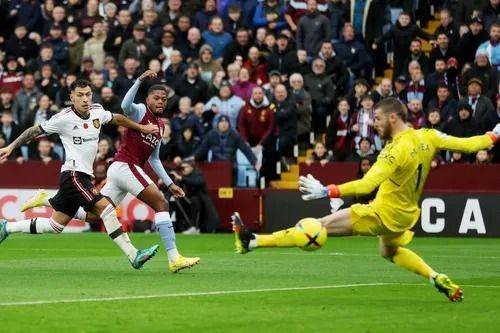 Momen David de Gea kebobolan lawan Aston Villa, Minggu (6/11/2022). (premierleague.com).