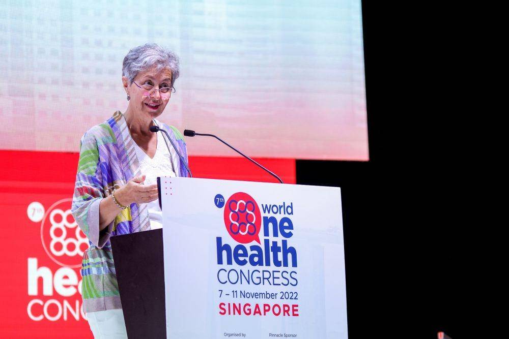 Direktur Jenderal WOAH, Dr. Monique Eloit, memberi kata sambutan dalam WOHC 2022. (Dok. WOHC 2022)