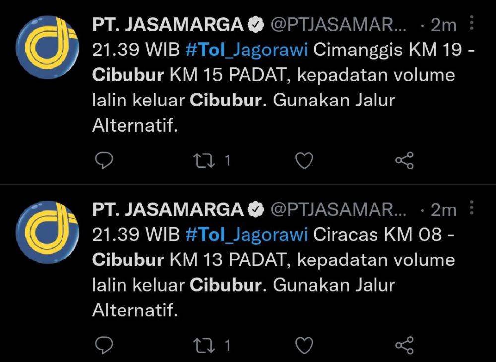 Unggahan Jasamarga soal kemacetan di tol Jagorawi (Twitter.com/PTJASAMARGA)