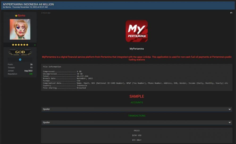 Bjorka Bocorkan Data Diduga Milik MyPertamina, Dijual Rp392 Juta