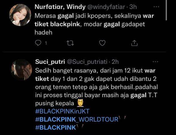 Ciutan netizen Twitter yang gagal mendapatkan tiket konser BLACKPINK. (Twitter.com/@suci_putriati | twitter.com/@windyfatiar)
