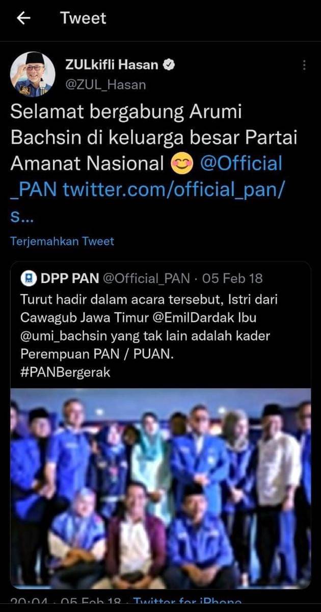 Unggahan Ketum PAN , Zulkifli Hasan sebut Arumi gabung PAN pada 2018 lalu. Dok. Tangkapan layar.