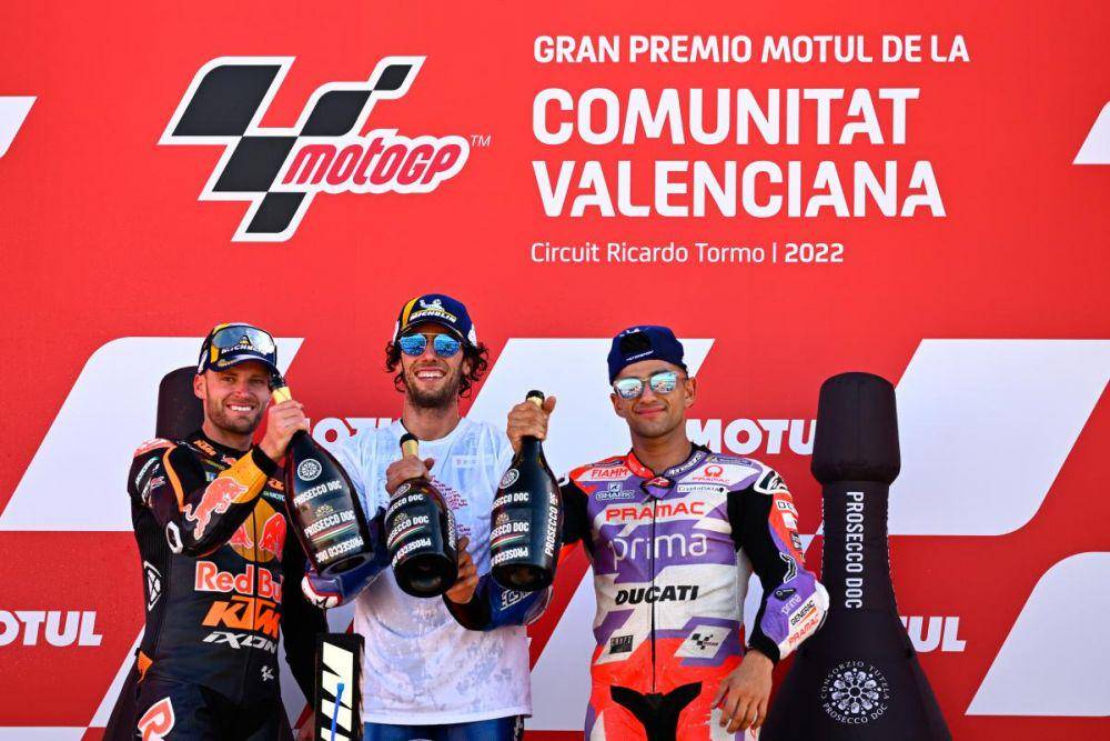 Brad Binder, Alex Rins, dan Jorge Martin saat berada di podium GP Valencia 2022 (motogp.com)