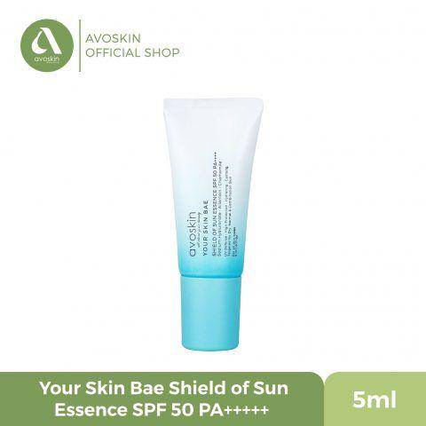 produk Avoskin Your Skin Bae Shield of Sun Essence SPF 50 PA++++ (avoskinbeauty.com/shieldof sun essence spf 50 pa 5ml)