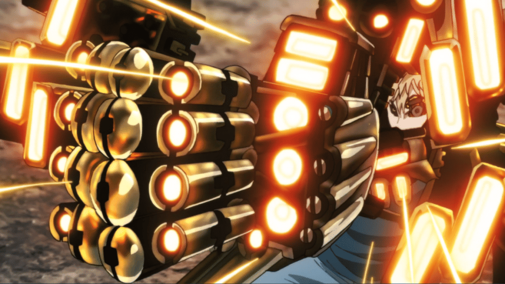 Genos menggunakan Super Spiral Incineration Cannon. (dok. MADHOUSE/One Punch Man)