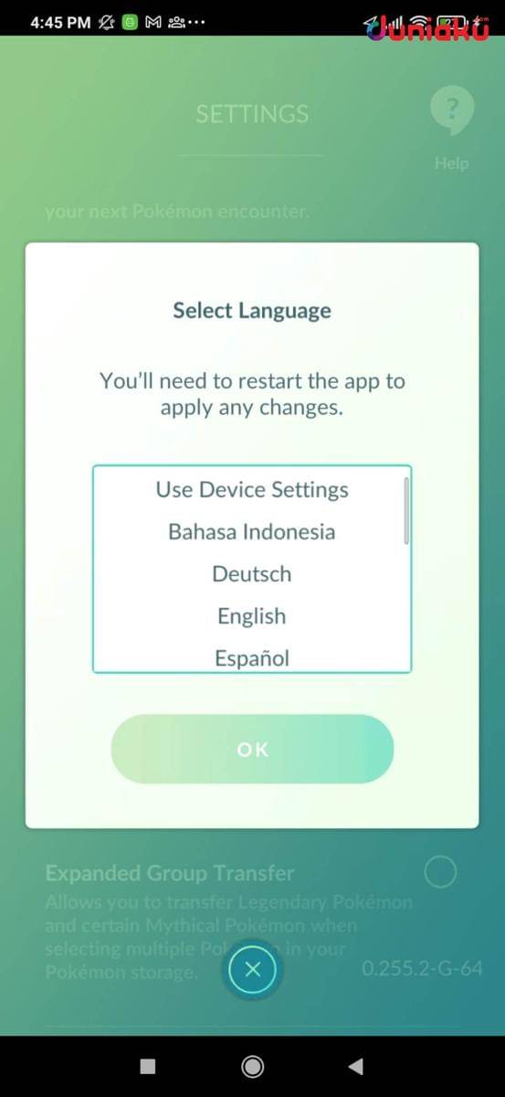 Screenshot pengaturan bahasa Pokemon GO. (Dok. Niantic Inc./Pokemon GO)