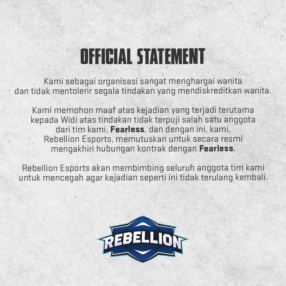 pernyataan resmi Rebellion terkait Fearless (instagram.com/rebellionsports.id)