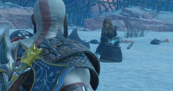 Kratos melihat Thrud mendapatkan Mjolnir peninggalan Thor ( Dok. Santa Monica Studio / God of War: Ragnarok )