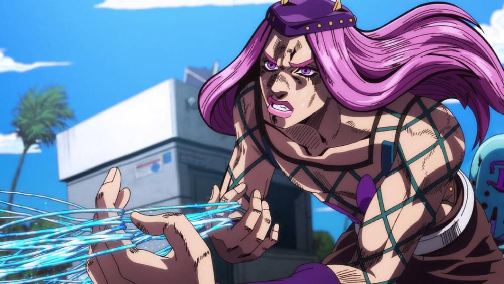 Anasui membantu Jolyne melawan C-Moon. (dok. David Production/JoJo's Bizarre Adventure: Stone Ocean)