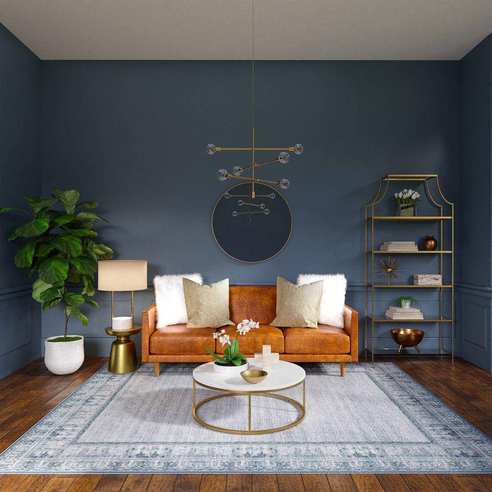 Ilustrasi menghadirkan palet warna alam dari lantai kayu, sofa kulit dan tanaman pada dinding warna gelap (Unsplash/Spacejoy)