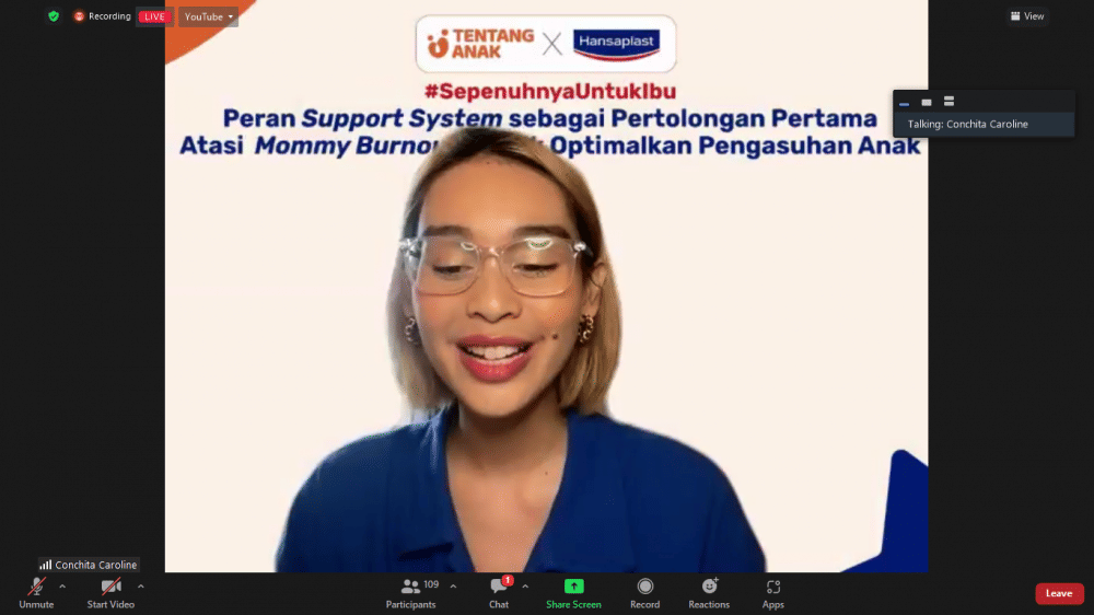 Webinar Hansaplast dengan tema "Peran Support System sebagai Pertolongan Pertama Atasi Mommy Bornout untuk Optimalkan Pengasuhan Anak", yang digelar secara virtual pada Kamis (22/12/2022) (dok. IDN Times/Nurul Huda Rahmadani)