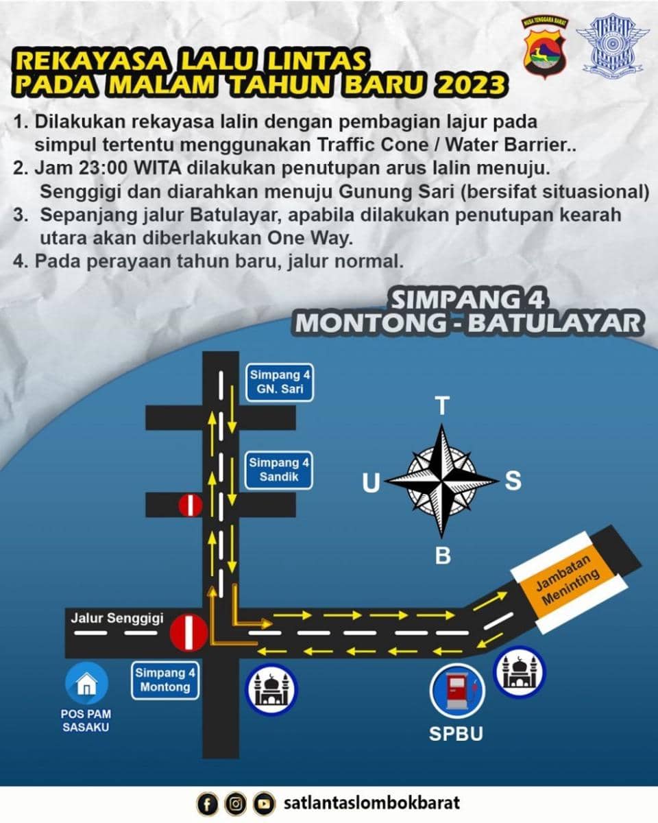 Rekayasa lalu lintas saat malam tahun baru menuju Senggigi. (dok. Polres Lombok Barat)
