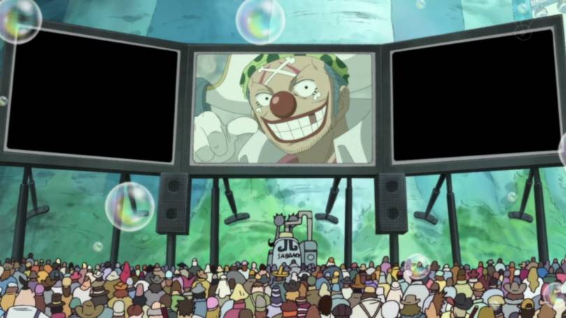 Penyiaran Marineford menampilkan Buggy. (Dok. Toei Animation/One Piece)