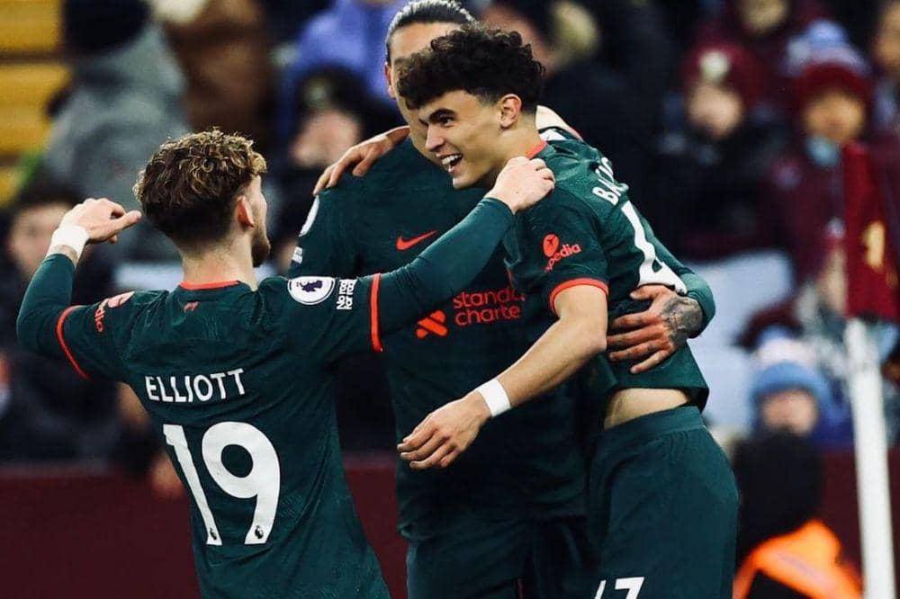 Para pemain Liverpool saat merayakan gol kemenangan menghadapi Aston Villa di pekan ke-17 EPL 2022/2023. (instagram.com/liverpoolfc)