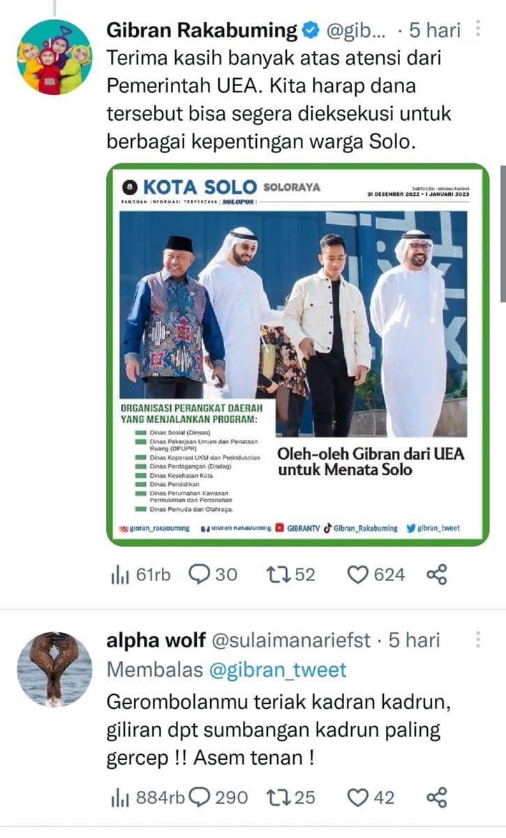 Tangkapan layar komentar netizen terhadap unggahan Wali Kota Solo, Gibran Rakabuming Raka. (Twitter.com/gibran_tweet)