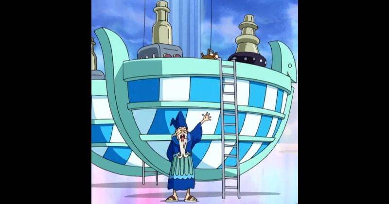 Kapal yang diangkut dengan balon di Weatheria. (Toei Animation/One Piece)