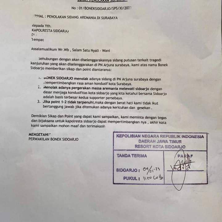 Surat penolakan dari Bonek Sidoarjo. (IDN Times/Istimewa)