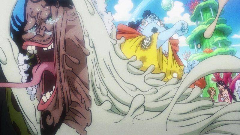 Jinbe menghajar Caribou. (Dok. Toei Animation/One Piece)