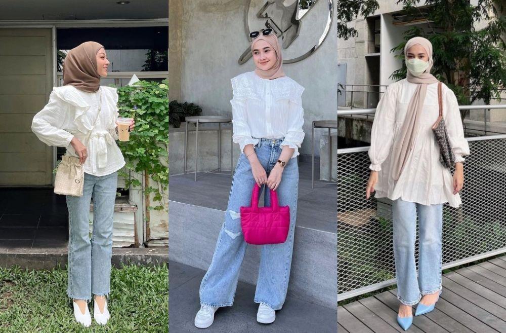 10 Padu Padan Blus Putih dan Jeans, Gaya Hijab Kasual Estetik!